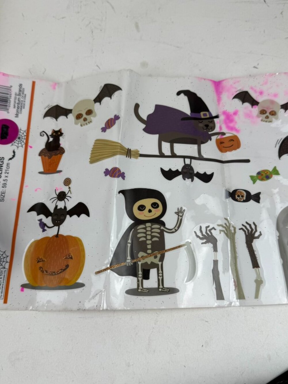 Happy Halloween Window Clings Sheet 23" x 8" Glitter Decals Bats Skeleton Cat